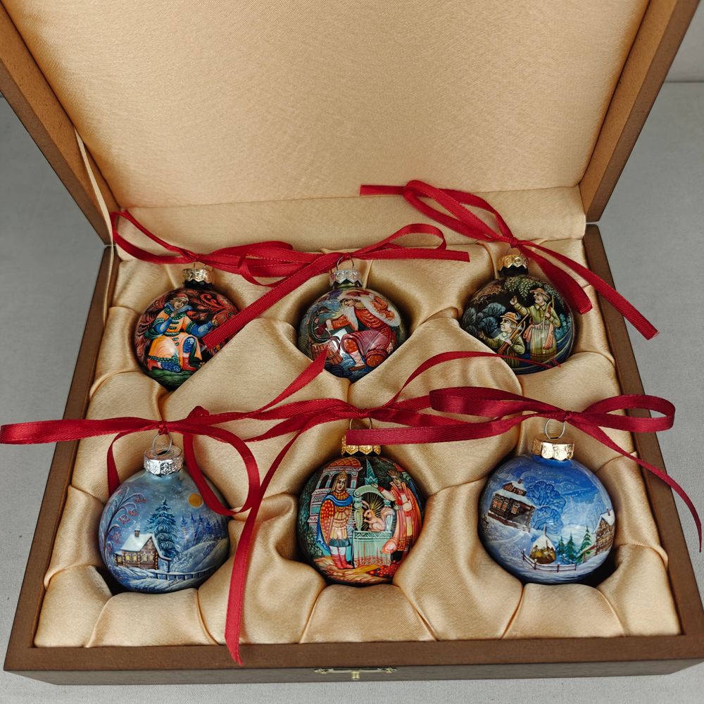 Набор елочных шаров с ручной росписью Палех "Сказки"