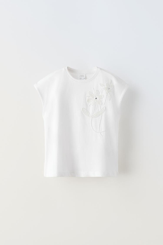 ZARA ФУТБОЛКА С ДЕКОРАТИВНЫМИ ДЕТАЛЯМИ, БЕЛЫЙ