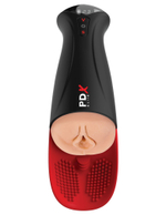 Телесный мастурбатор-вагина в черной колбе с вибрацией Fuck-O-Matic Pro XL