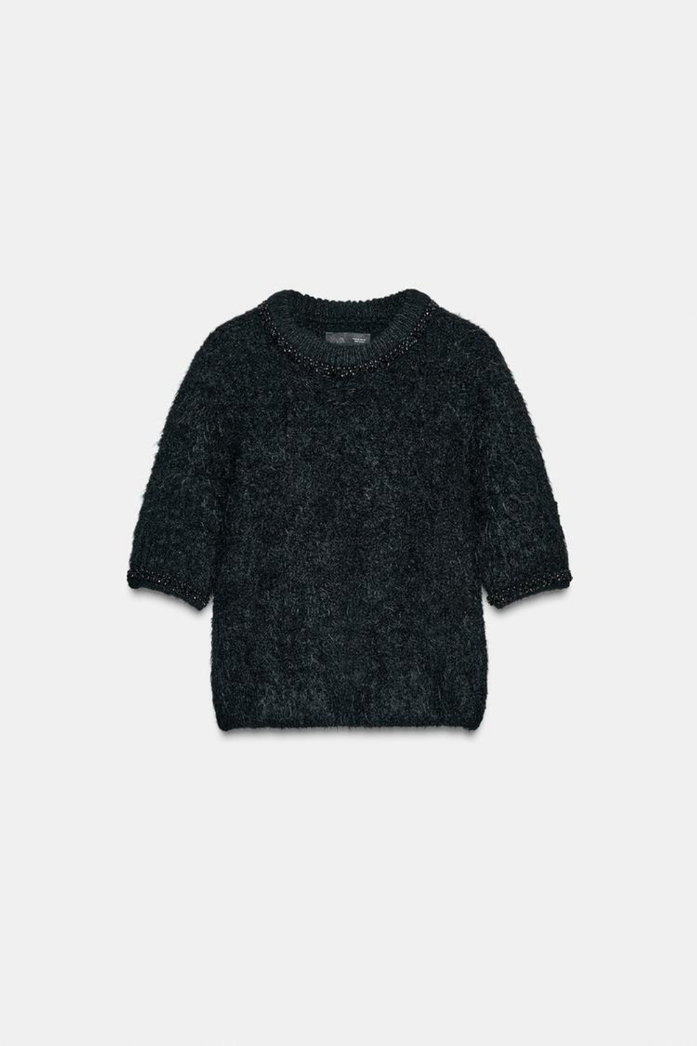 ZARA ДЖЕМПЕР С КОРОТКИМИ РУКАВАМИ И БУСИНАМИ, ЧЕРНЫЙ