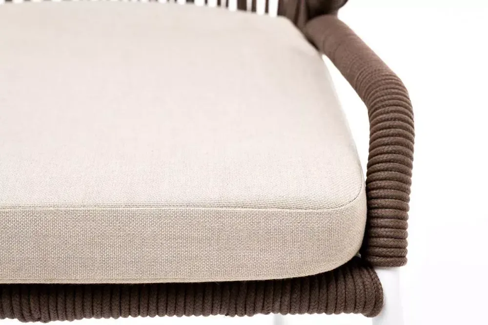 "Милан" стул плетеный из роупа, каркас алюминий белый муар, роуп коричневый круглый, ткань бежевая 052