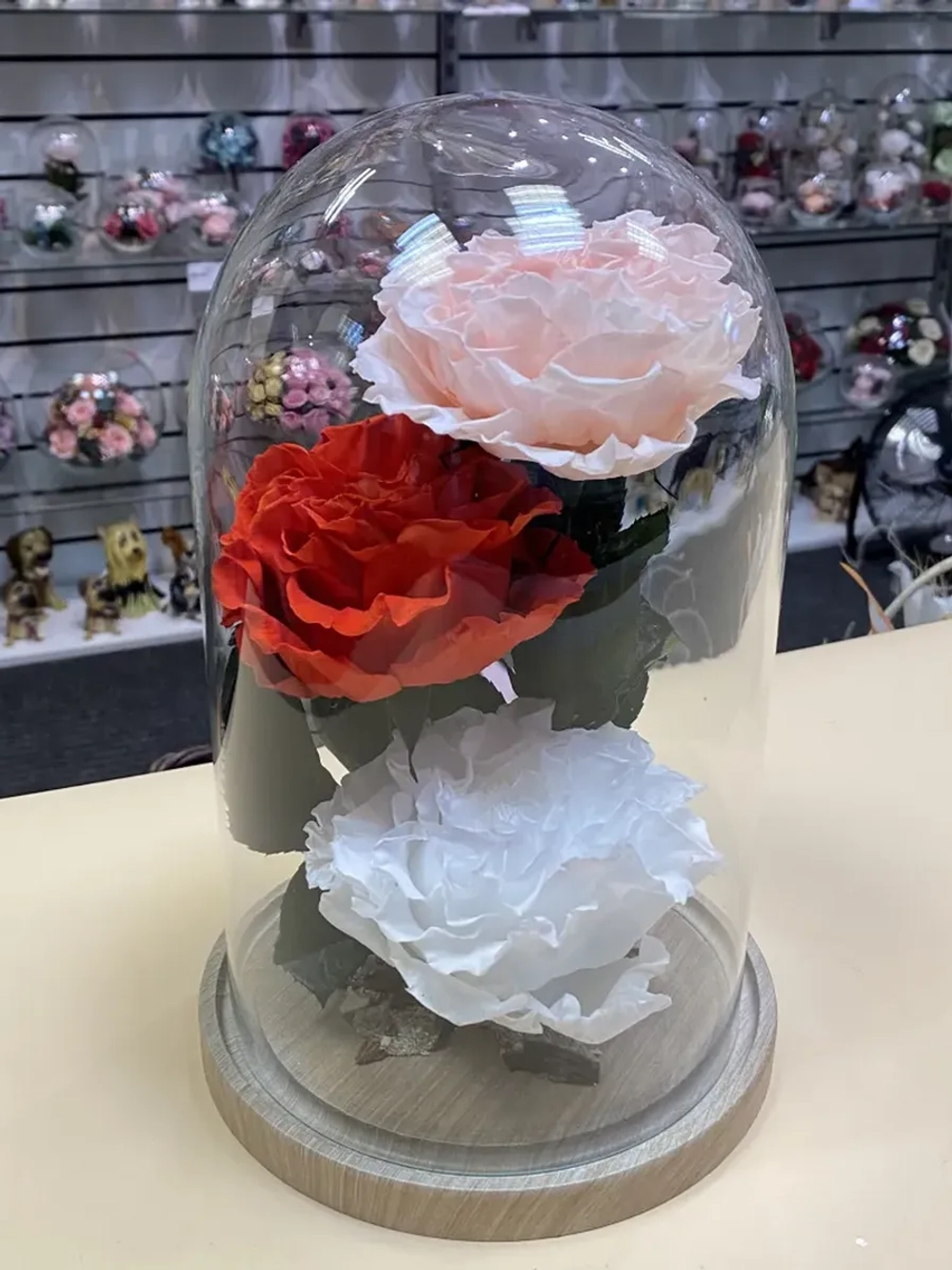 Клош с пионами розовый, красный, белый