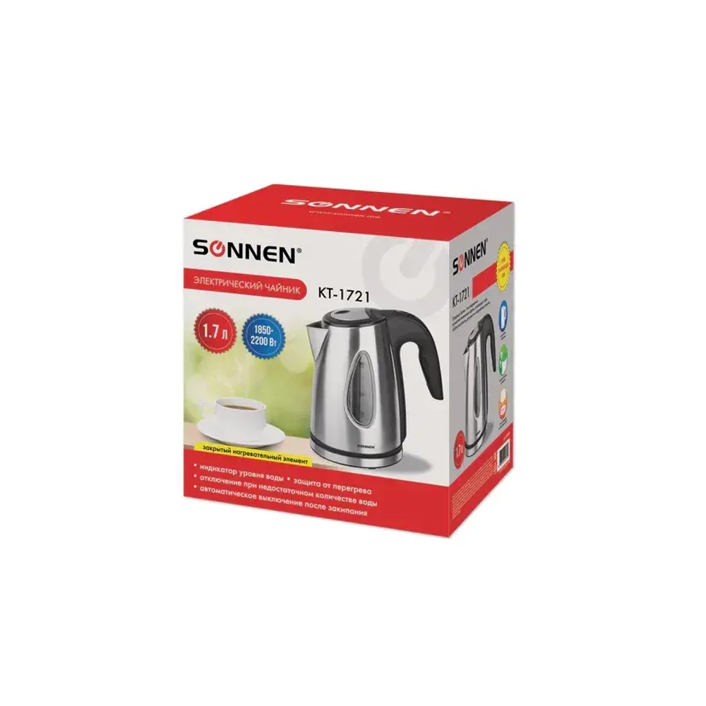 Чайник SONNEN KT-1721, 1,7 л, 2200 Вт, нержавеющая сталь, черный, подсветка, 454347