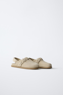 ZARA КОЖАНЫЕ САБО С ЦВЕТАМИ, ПЕСОЧНО-КОРИЧНЕВЫЙ