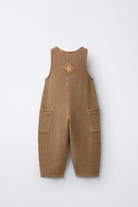 ZARA ДЛИННЫЙ КОМБИНЕЗОН В ДЕРЕВЕНСКОМ СТИЛЕ С НАШИВКАМИ, СВЕТЛО-КОРИЧНЕВЫЙ