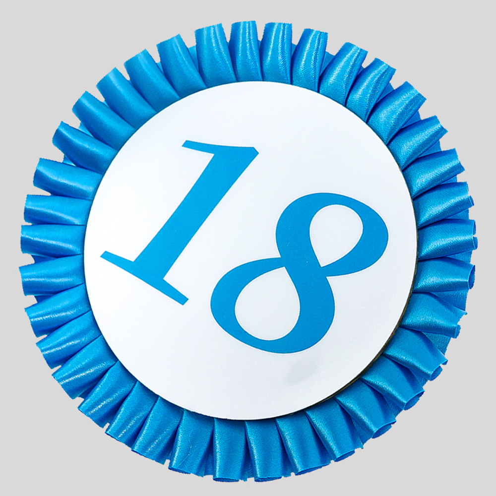 Номер участника, крепление в ассортименте. Диаметр 115 мм. с плиссе. Цвет номера и плиссировки ЯРКО-СИНИЙ.