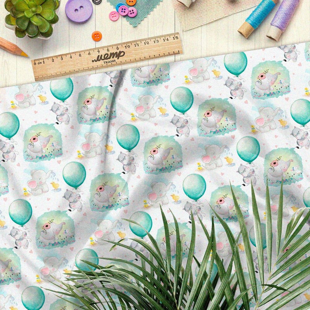 Ткань кулирная гладь слоны и бегемоты с воздушными шарами