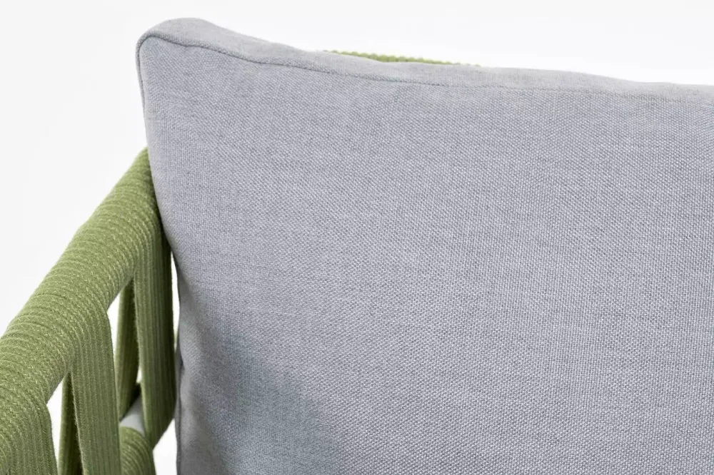 "Диего" кресло плетеное из роупа, каркас алюминий светло-серый (RAL7035) муар, роуп салатовый меланж круглый, ткань светло-серая