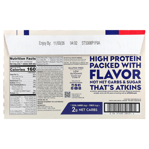 Atkins, High Protein Shake, Dark Chocolate Royale, 8 Shakes, 11 fl oz (325 ml) Each