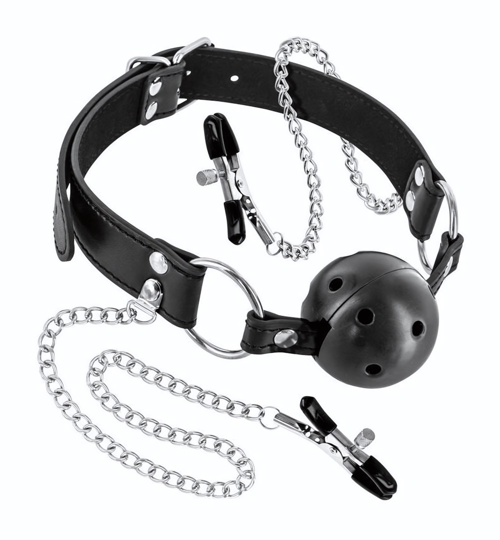 Жесткий шар-кляп с зажимами для сосков (Цвет: черный)