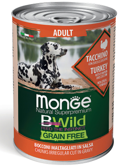 Monge Dog BWild GRAIN FREE беззерновые консервы из индейки с тыквой и кабачками для взрослых собак всех пород 400г