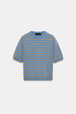 ZARA СВИТЕР ИЗ 100% ШЕРСТИ С КОРОТКИМИ РУКАВАМИ В ПОЛОСКУ, СЕРЫЙ/СИНИЙ