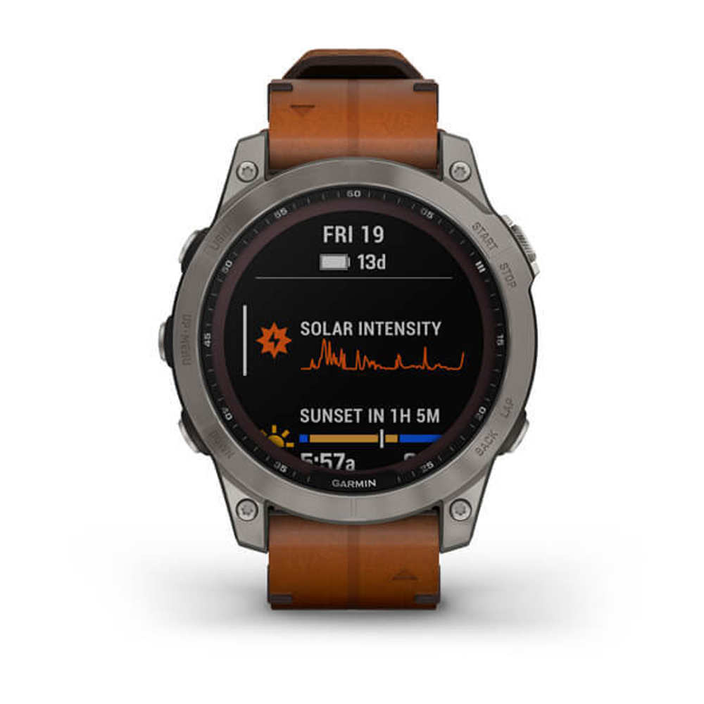 Умные часы Garmin Fenix 7 Sapphire Solar титановый серый с коричневым кожаным ремешком