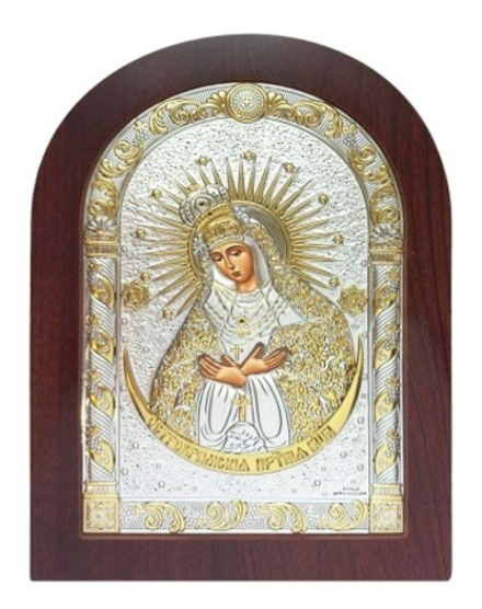 Икона Остробрамская БМ: арочная, 23х18, напыл. серебром и золотом, АR-5, красное дерево (Греция)