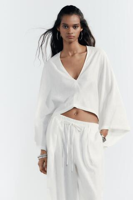 ZARA КИМОНО АСИММЕТРИЧНОГО КРОЯ ИЗ СМЕСОВОГО ЛЬНА, ЖЕЛТОВАТО-БЕЛЫЙ
