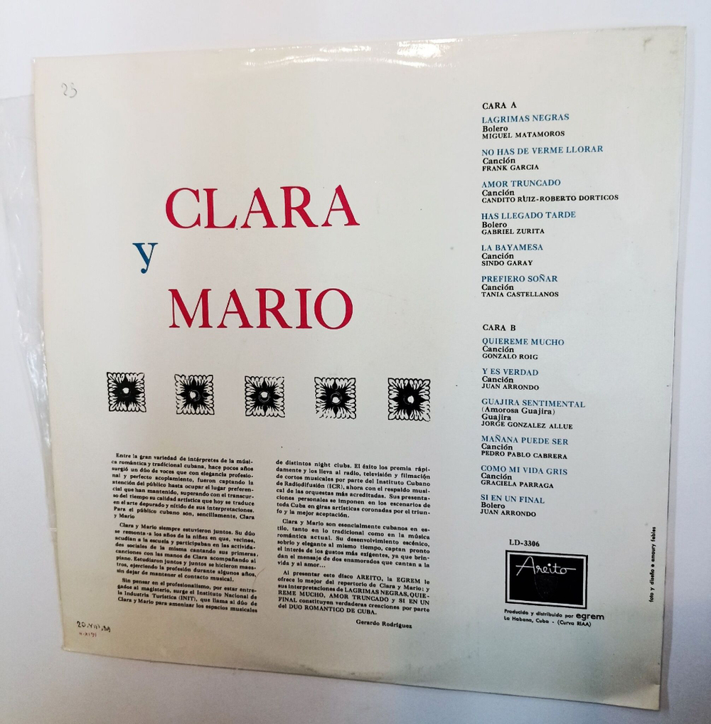 Винтажная виниловая пластинка LP Clara Y Mario (Cuba 1979)