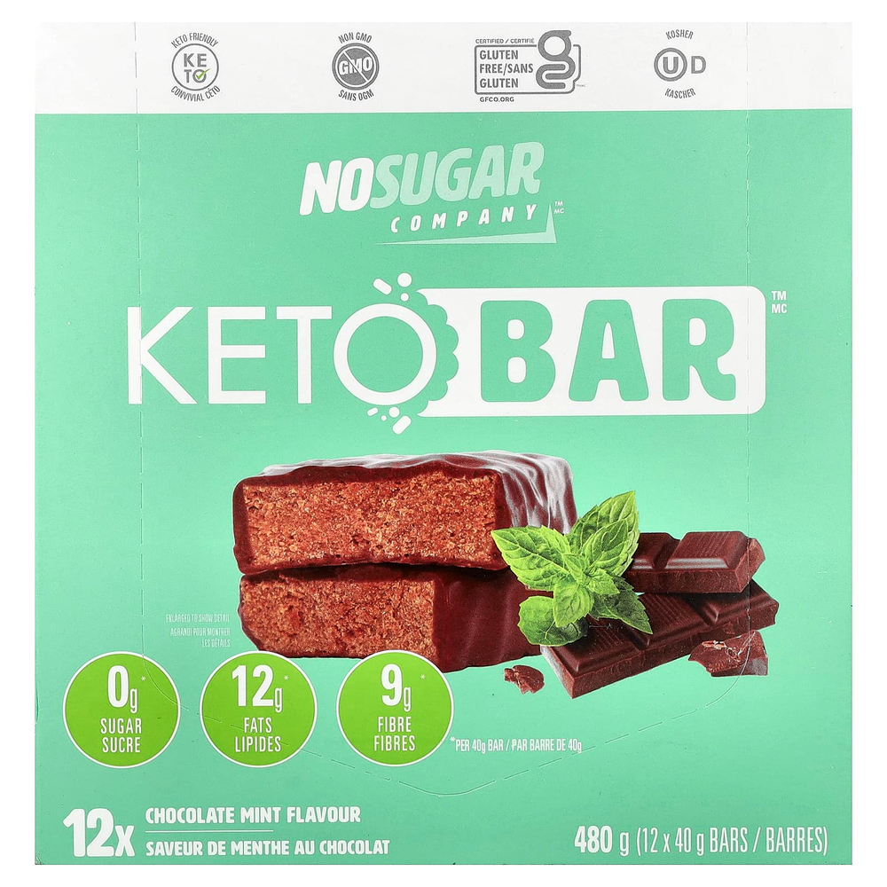 No Sugar Company, Keto Bar™, шоколад и мята, 12 батончиков по 40 г