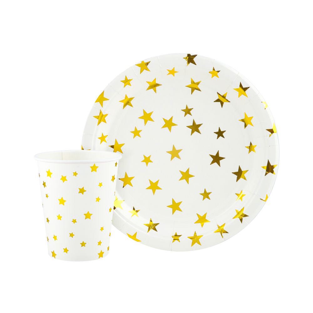 Тарелки (7''/18 см) Золотые звезды, Белый/Золото, Металлик, 6 шт.