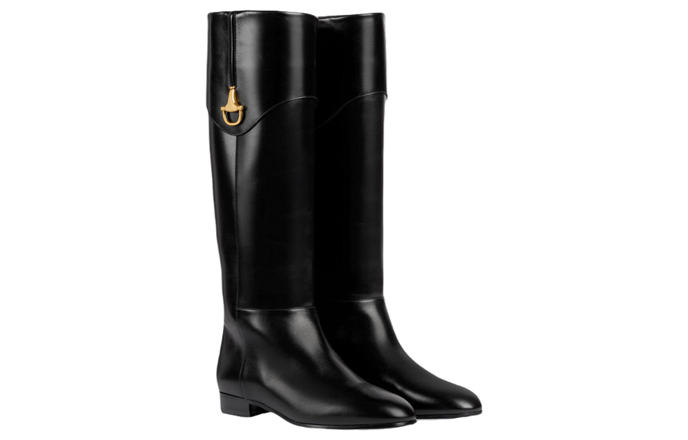 GUCCI Horsebit Leather Knee high Boots 2cm Women"s Black