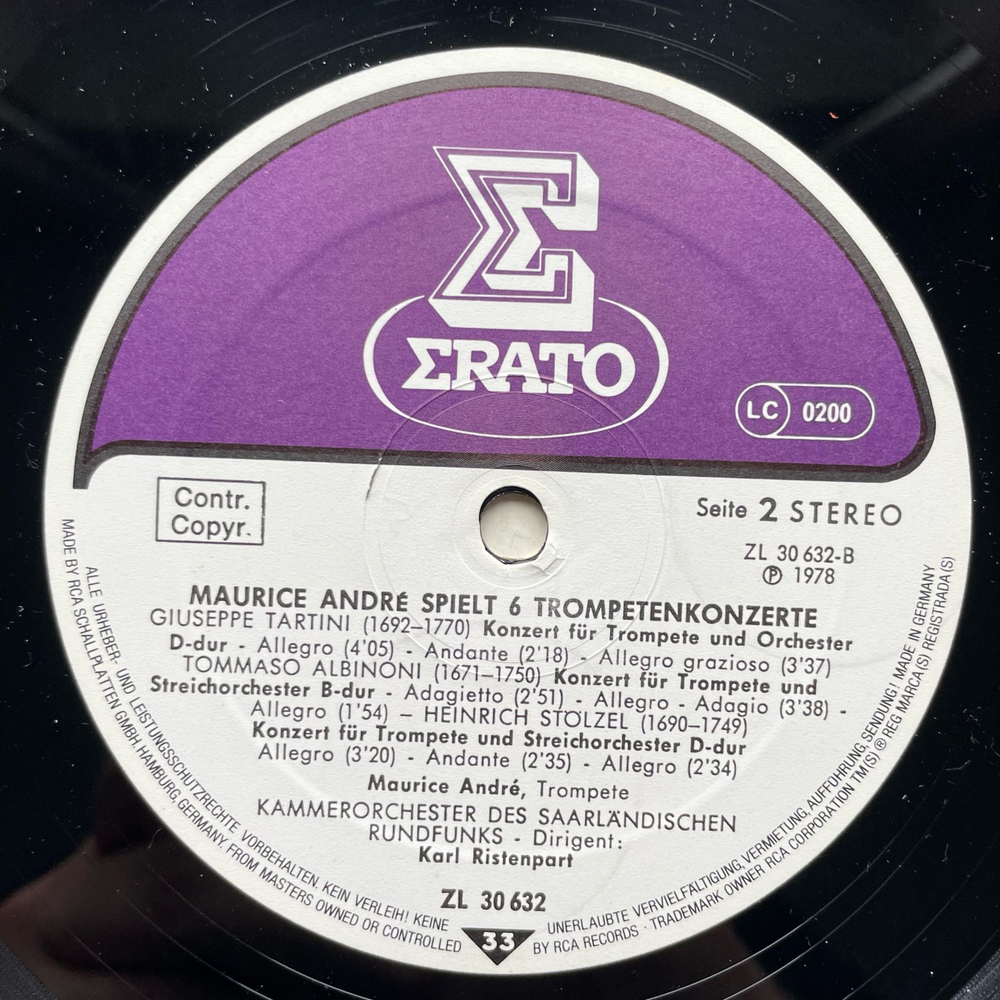 Винтажная виниловая пластинка LP Maurice Andre, Antonio Vivaldi, Tomaso Albinoni, Giuseppe Tartini, Gottfried Heinrich Stolzel Maurice Andre Spielt Sechs Trompetenkonzerte (Германия 1978)