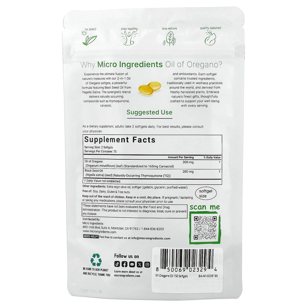 Micro Ingredients, масло орегано, 150 капсул