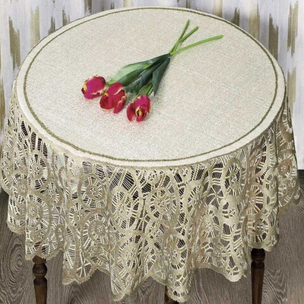 Скатерть жаккардовая круглая, цвет кремово-золотистый, Польша.