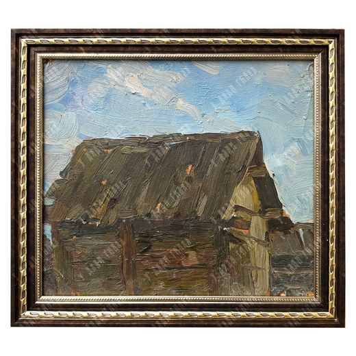 Динес Ю. С. Амбар на фоне неба. Пасмурный день. Саратов. Этюд. Картон, масло. 1942