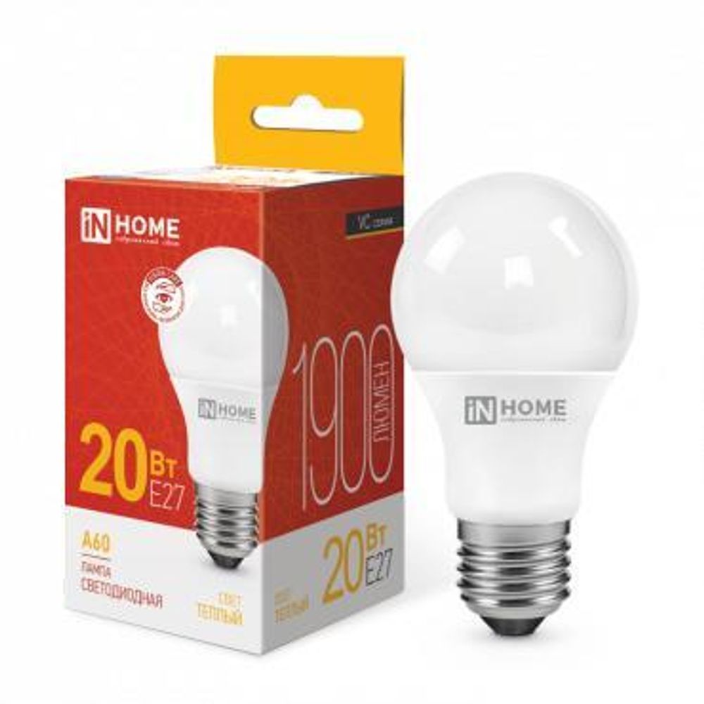 Лампа светодиодная LED-A60-VC 20Вт грушевидная 3000К тепл. бел. E27 1900лм 230В IN HOME 4690612020297 Лампа светодиодная LED-A60-VC 20Вт грушевидная 3000К тепл. бел. E27 1900лм 230В IN HOME 4690612020297