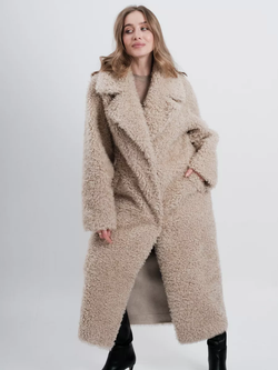 Шуба чебурашка длинная из овечьей шерсти, светло-бежевая, SilverFox