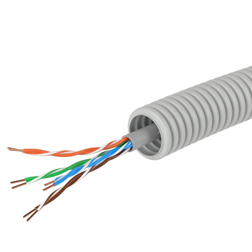 Электротруба ПВХ гибкая гофрированная д. 16 мм, цвет серый, с кабелемвитая пара 5EU/UTP нг(А)-HF, 100 м