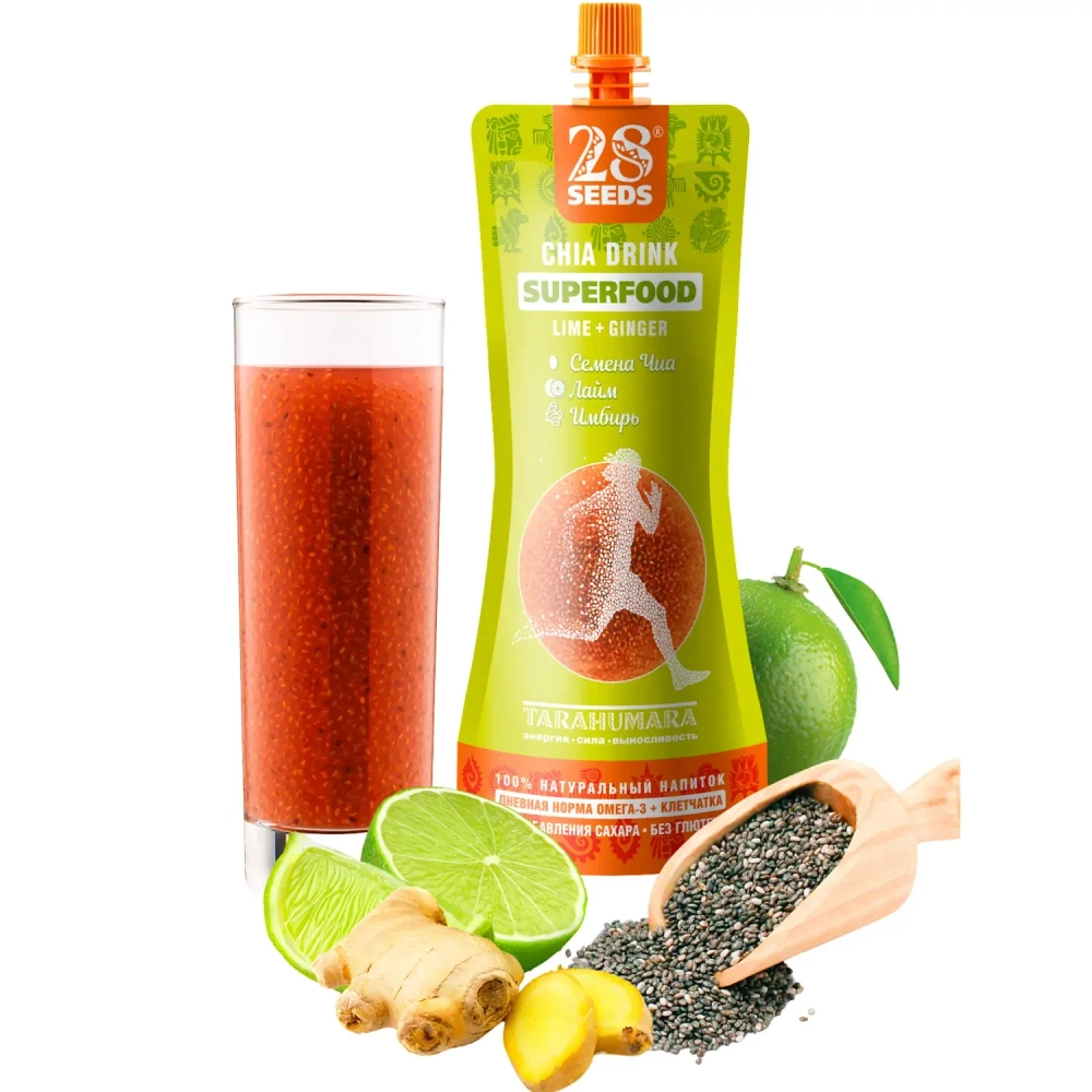 Напиток ЧИА SUPERFOOD «Лайм + Имбирь» 250 мл 28SEEDS — натуральный напиток с семенами чиа, соком лайма и имбирём