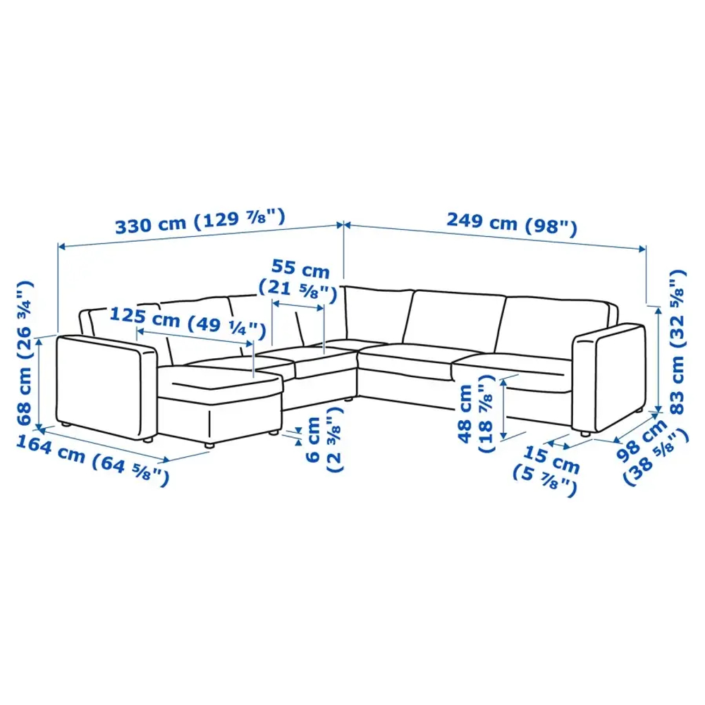 Диван угловой 4-местный - IKEA VIMLE, 330/249х98/164х83 см, серый, ВИМЛЕ ИКЕА