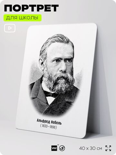 Портрет для школы в кабинет химии "Альфред Нобель", стенд школьный для класса, деятели науки для оформления классного уголка, 40х30 см, Silver Plane x Айдентика Технолоджи