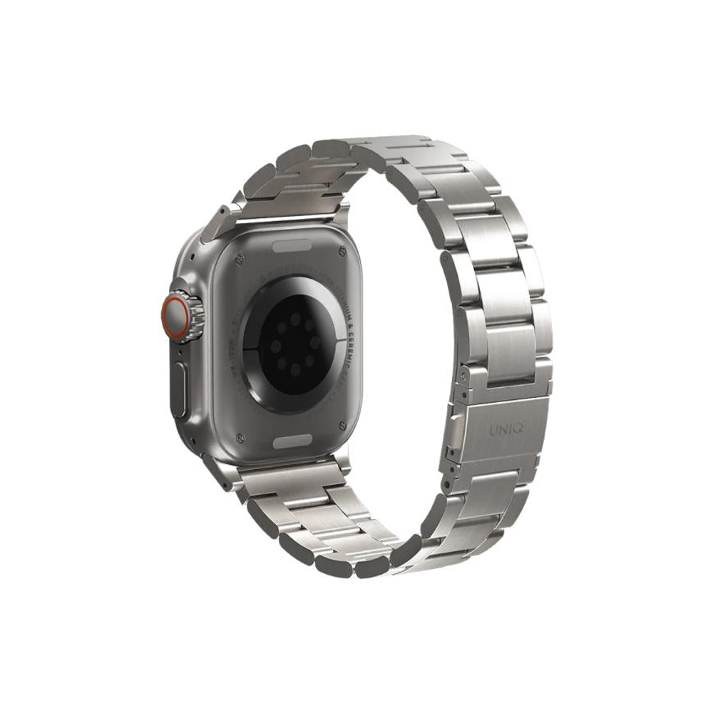 Стальной блочный браслет Uniq Osta для Apple Watch 44, 45, 46 мм и Ultra 2–3 Браслет из нержавеющей стали марки AISI 304 с раскладывающейся застёжкой. На запястье обхватом 120–220 мм