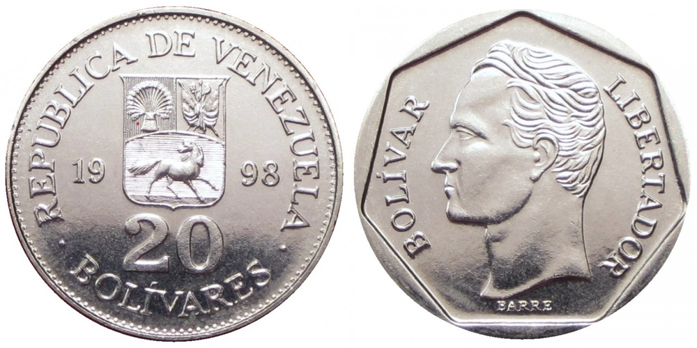 Венесуэла 20 боливаров, 1998 Симон Боливар XF