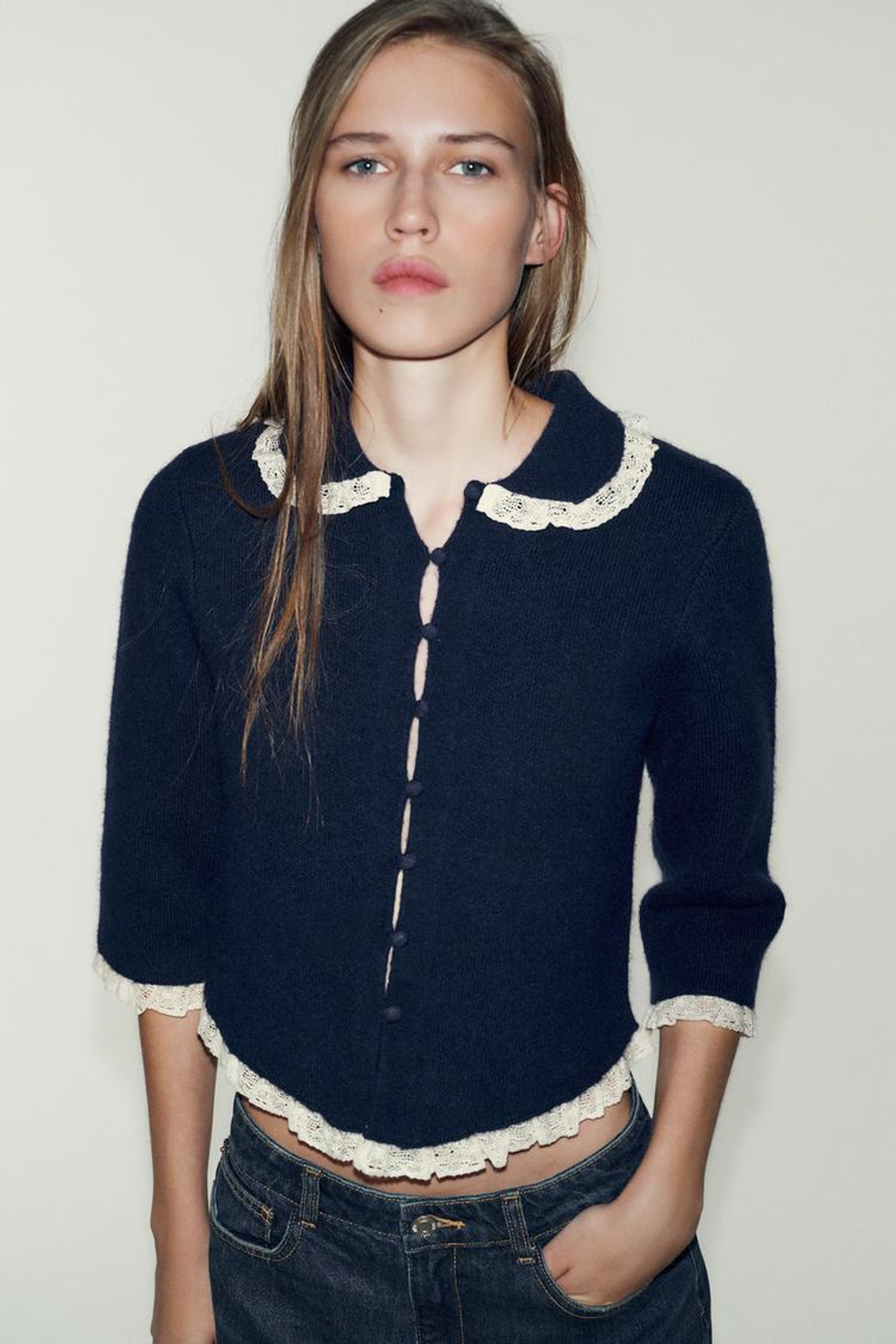 ZARA КАРДИГАН С КРУГЛЫМ ВОРОТНИКОМ И КРУЖЕВОМ, МОРСКОЙ СИНИЙ