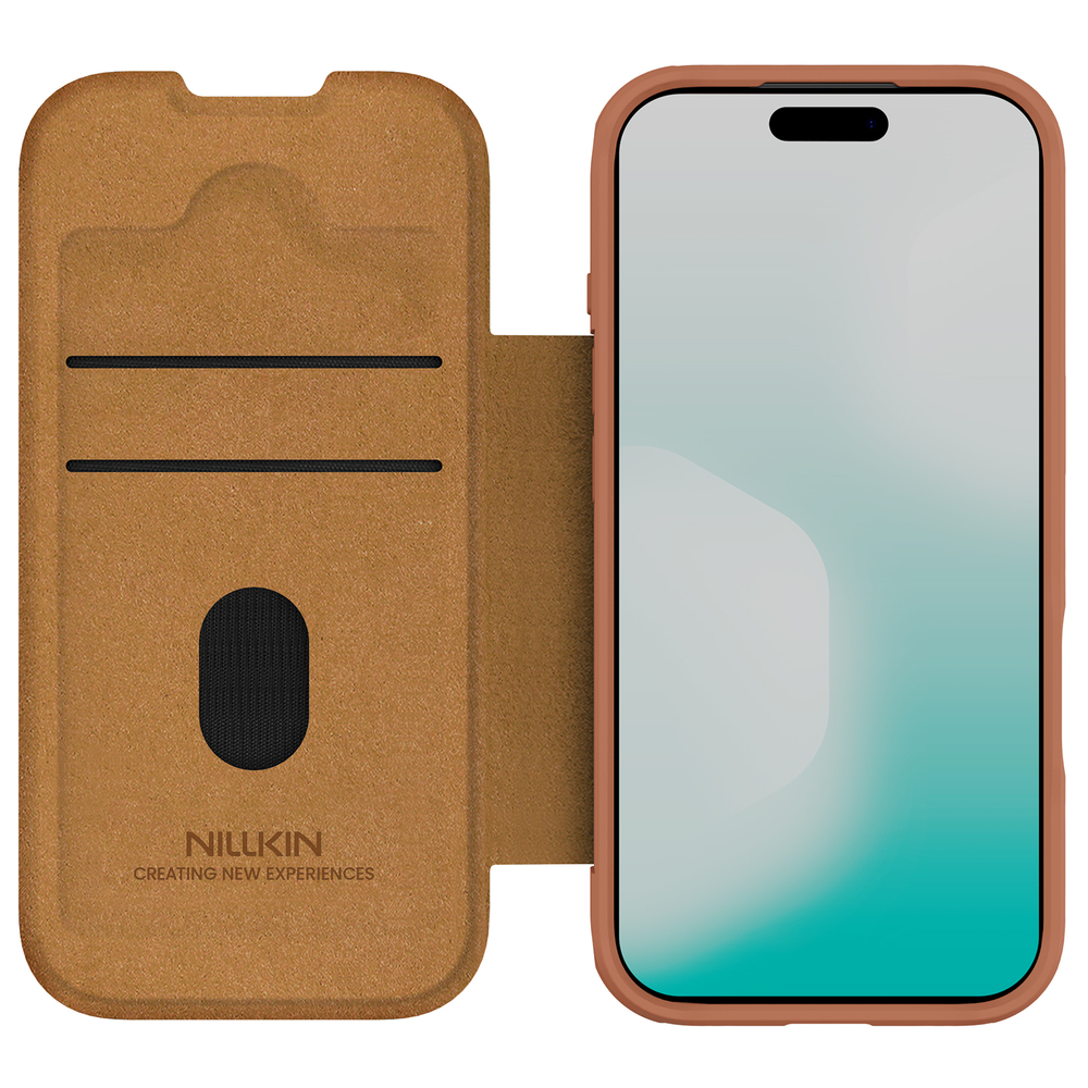 Кожаный чехол книжка коричневого цвета для iPhone 17 Pro, серия Qin Pro Leather от Nillkin