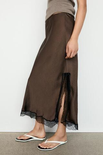 Massimo Dutti Юбка миди с кружевной отделкой, коричневый
