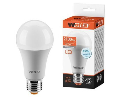 (2 шт.) Светодиодная лампочка Wolta лампа св/д ЛОН A67 E27 25W(2100Lm) 6500K 6K 138x67x67 матовая 25W67BL25E27 Нейтральный белый. Цоколь E27