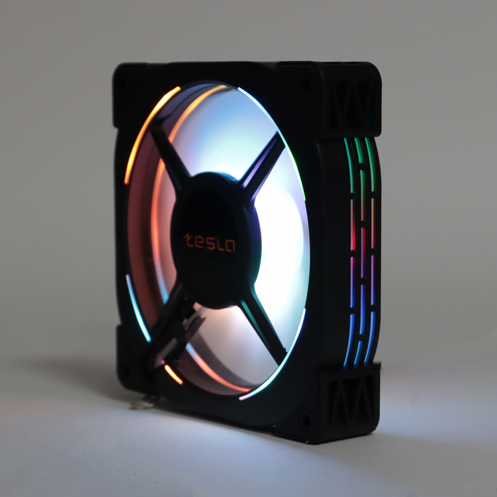 Комплект из 3 вентиляторов TESLA RGB120-XB3, 120мм, 1200rpm, Molex, черный-белый/RGB, 38CFM, 21дБ, антивибропрокладки, бесконечное зеркало, изменение скорости анимации подсветки (TSL-120-XB3)