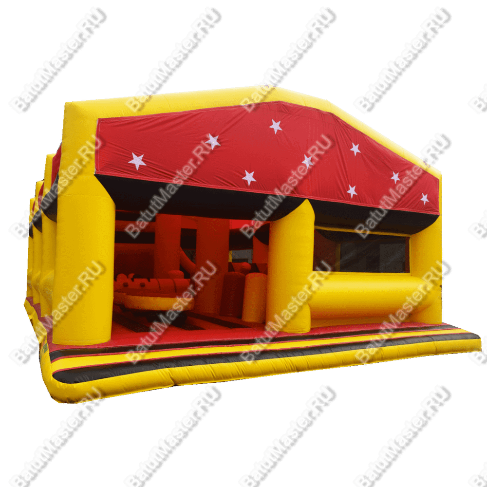 Коммерческий надувной батут "Сказочный комплекс" с крышей, желто-красный 12*8*4,8 м