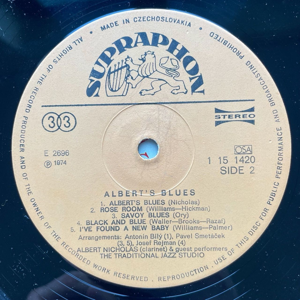 Винтажная виниловая пластинка LP Albert Nicholas And The Traditional Jazz Studio Blues (Чехословакия 1974)