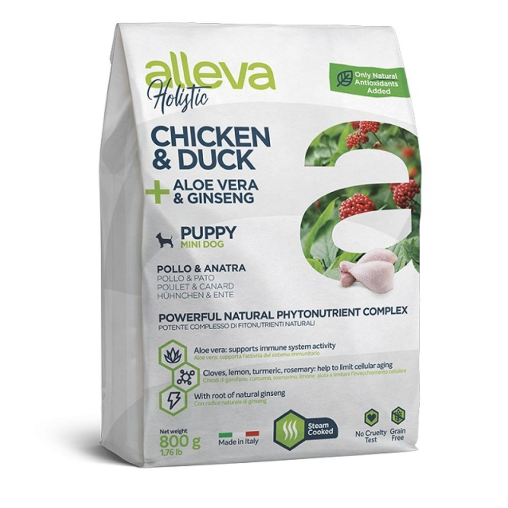 Корм Аллева Холистик Holistic Chicken & Duck + Aloe vera & Ginseng Puppy Mini для щенков мелких пород, а так же беременных и кормящих сук с курицей и уткой, 800 г