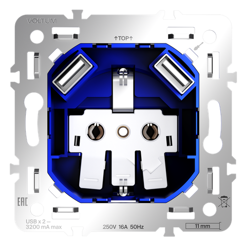 Механизм розетки с заземлением и защитными шторками 16А, с USB A+A, S70