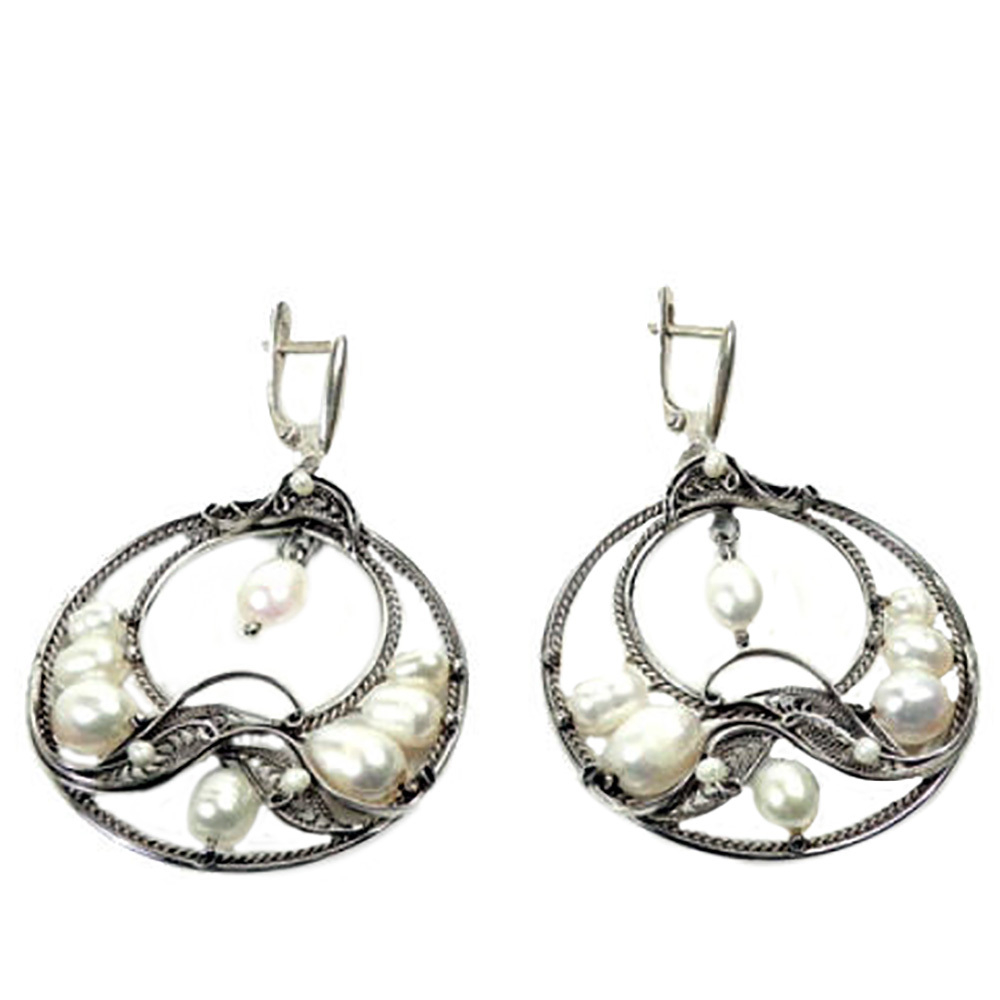 Серьги "Боярыня" жемчу, скань асс.