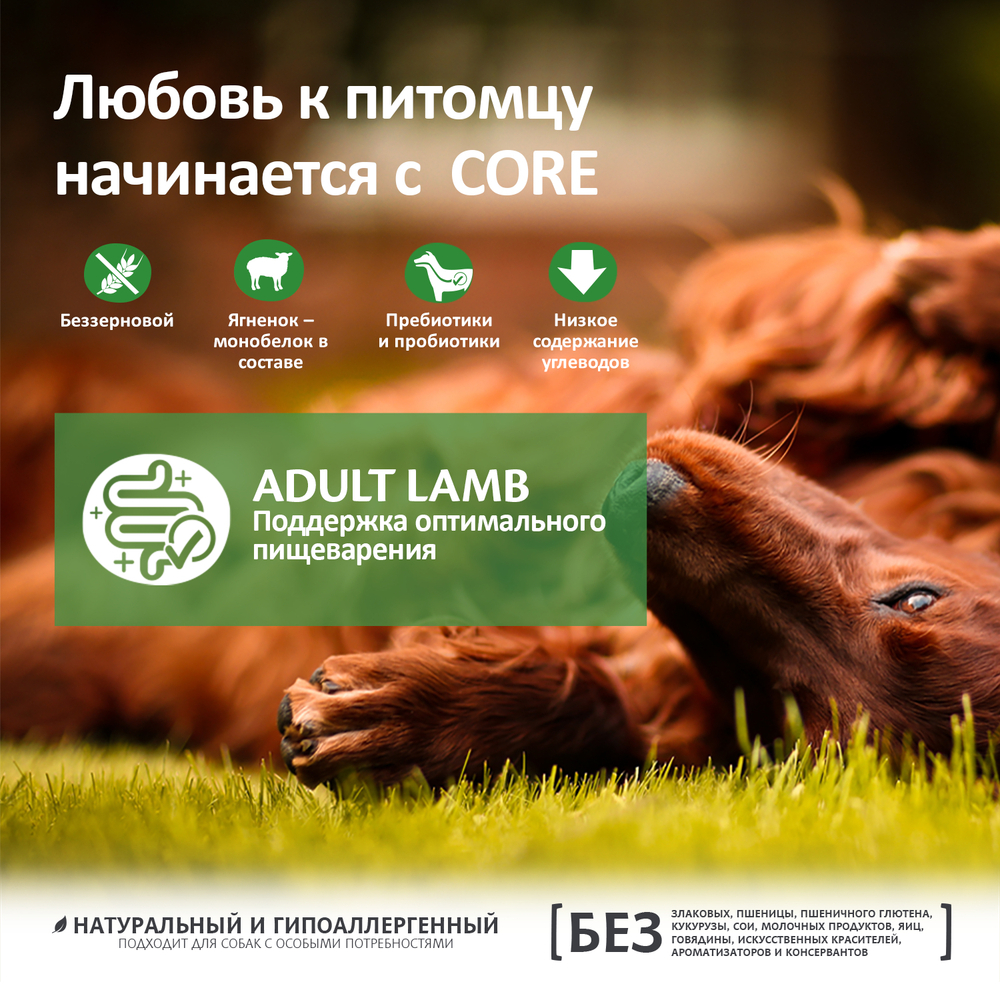 Сухой корм CORE для взрослых собак всех пород, из ягненка с яблоком 1,8 кг