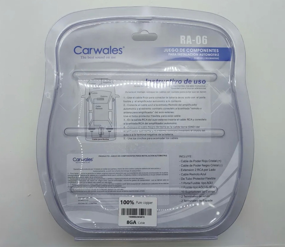 RA-06 / Комплект проводов для установки 2-х канального усилителя и сабвуфера, медные кабели, Carwales RA-06 - 8GA, TG (1 шт. / комплект)
