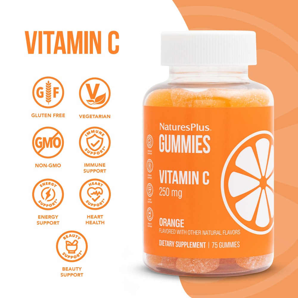 NaturesPlus, Жевательные мармеладки с витамином C, апельсин, 75 жевательных таблеток (125 мг в 1 жевательной мармеладке)