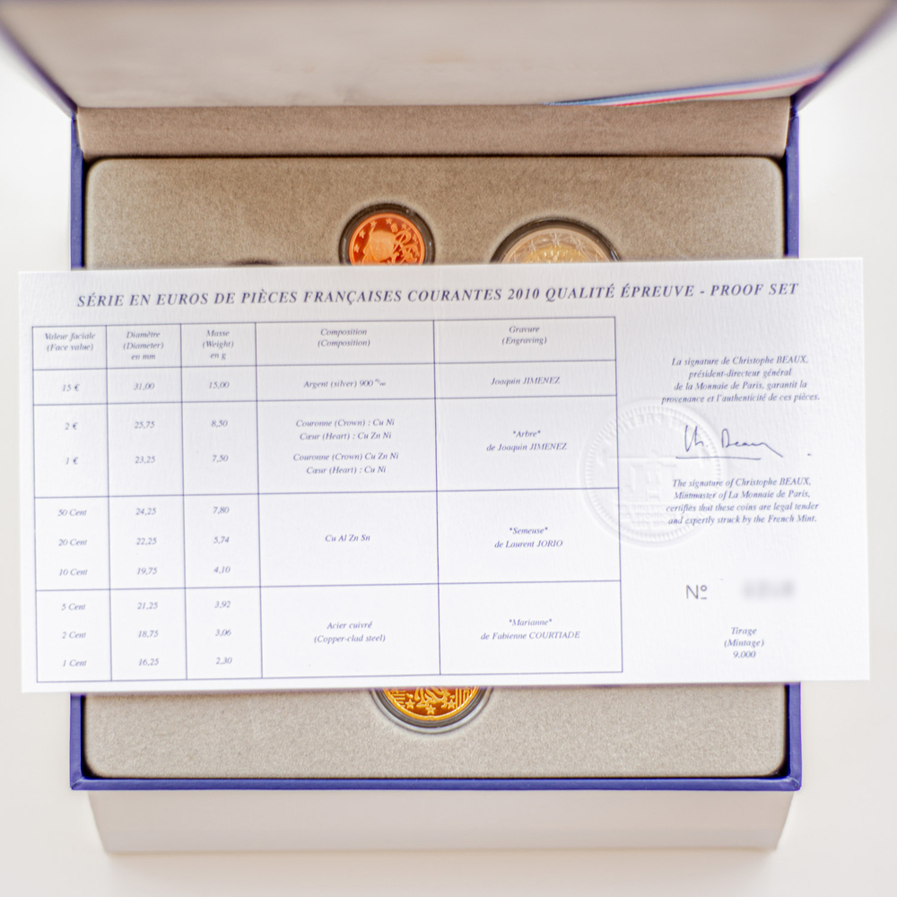 France 2010 Proof Coin Set with 15 Euro Commemorative Coin in Silver Proof "La Semeuse" (Exclusive to this Set)