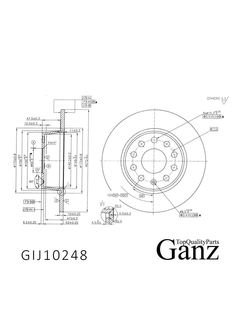 Диск тормозной задний с покрытием VAG A3/OCTAVIA II/VW GOLF VII/JETTA IV/TOURAN II GANZ GIJ10248